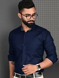 Reliable Navy Blue Cotton Solid Long Sleeve Formal Shirts For Men-thumb3