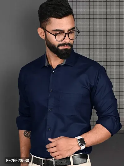 Reliable Navy Blue Cotton Solid Long Sleeve Formal Shirts For Men-thumb4