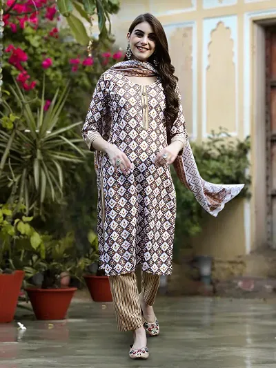 Stylish Cotton Blend Printed Kurta Bottom Dupatta Set