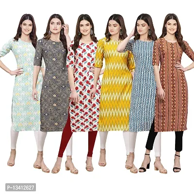 Women Crepe Digital Printed Straight Kurti Pack of 6