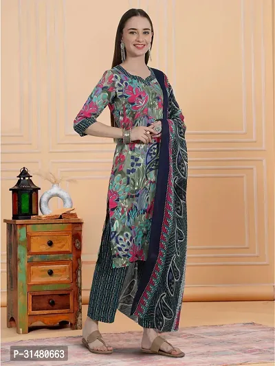 Stylish Multicoloured Cotton Blend Printed Kurta, Bottom and Dupatta Set For Women-thumb3