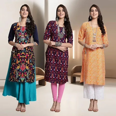 Fancy Crepe Multicoloured Crepe Kurtis - Pack Of 3