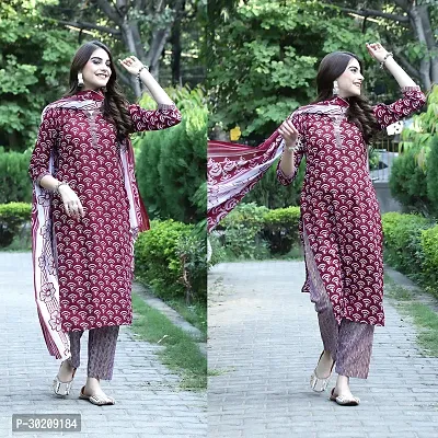 Elegant Cotton Printed Kurta with Pant And Dupatta Set For Women-thumb0