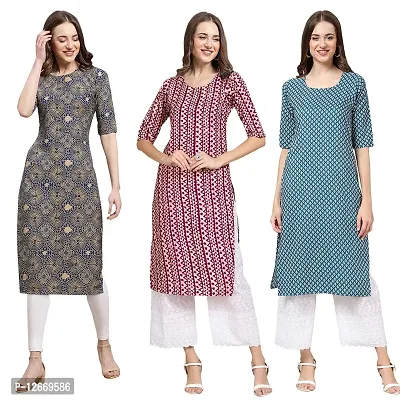 Women Crepe Digital Printed Straight Kurti  Pack of 3