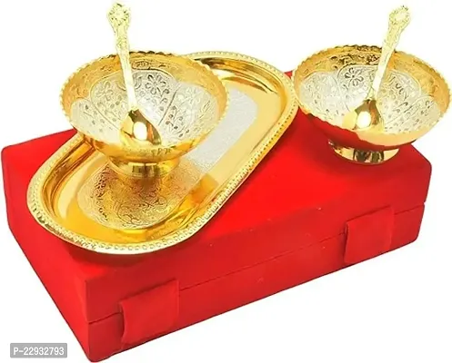 999 German Silver Floral Embossed Double Bowl 3.6rdquo; inch  with Royal Velvet Box ,Capsule Tray and spoon 4rdquo; inch - 5 Pieces Set.