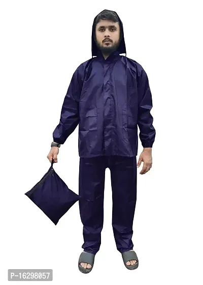 Men Rain Coat100 Per Waterproof Along With Hood And Side Pocket With Storage Bag Navy Blue-thumb0