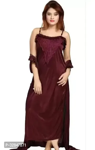 Womens Satin Full Length Lace Nighty with Robe Sleep Wear Night Gown-thumb2