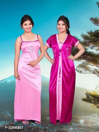 Elegant Satin Solid Nighty Set For Women-thumb0