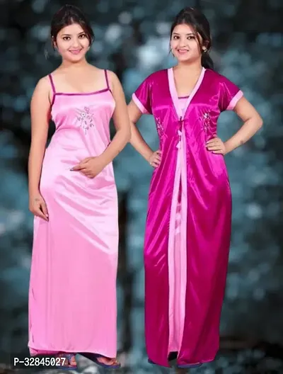 Elegant Satin Solid Nighty Set For Women-thumb0