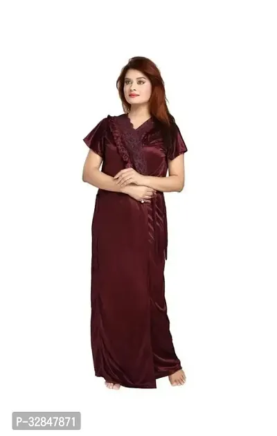 Womens Satin Full Length Lace Nighty with Robe Sleep Wear Night Gown-thumb3