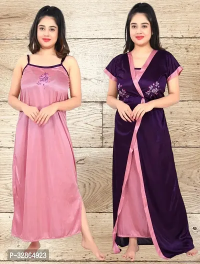 Elegant Satin Embroidered Nighty with Robe for Women