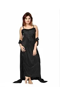 Womens Satin Full Length Lace Nighty with Robe Sleep Wear Night Gown-thumb1