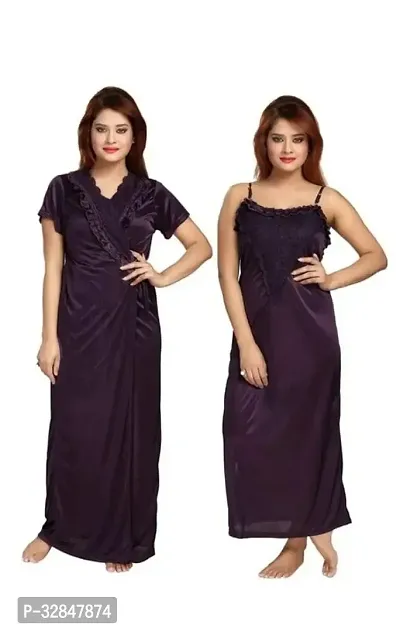 Womens Satin Full Length Lace Nighty with Robe Sleep Wear Night Gown-thumb0