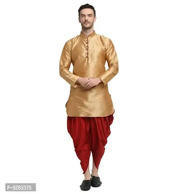 Men Dupion Silk Regular Fit Ethnic Dhoti Kurta Set (Copper and Maroon)