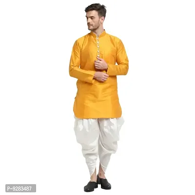 Men Dupion Silk Regular Fit Ethnic Dhoti Kurta Set (Yellow and White)