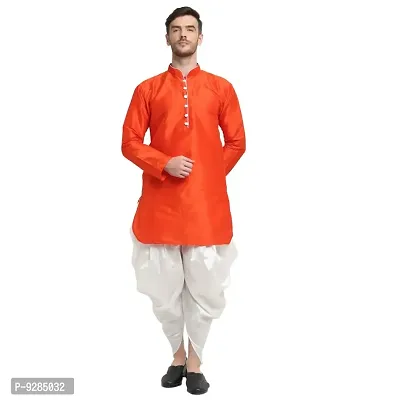 Men Dupion Silk Regular Fit Ethnic Dhoti Kurta Set  (Orange and White)