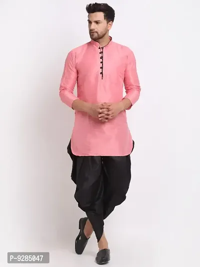 Men Dupion Silk Regular Fit Ethnic Dhoti Kurta Set  (Pink and Black)-thumb0