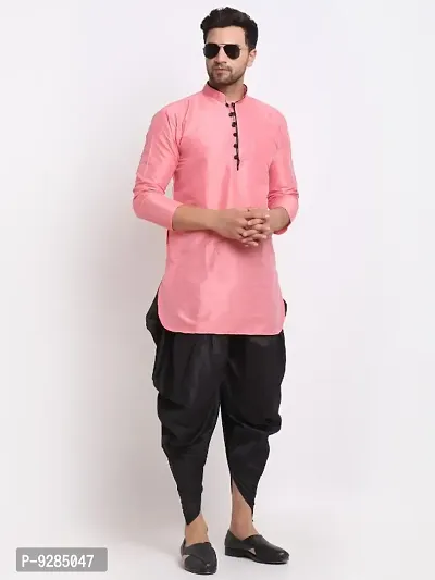 Men Dupion Silk Regular Fit Ethnic Dhoti Kurta Set  (Pink and Black)-thumb3