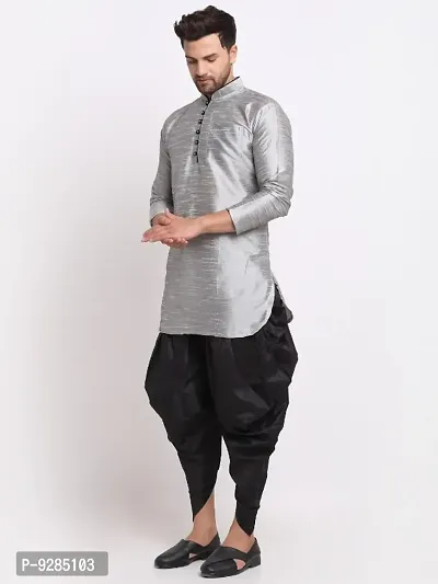 Men Dupion Silk Regular Fit Ethnic Dhoti Kurta Set  (Silver and Black)-thumb3