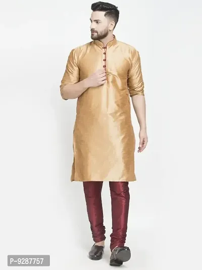 Dupion Silk Regular Fit Kurta Pajama Set for Men (Copper and Maroon)-thumb0