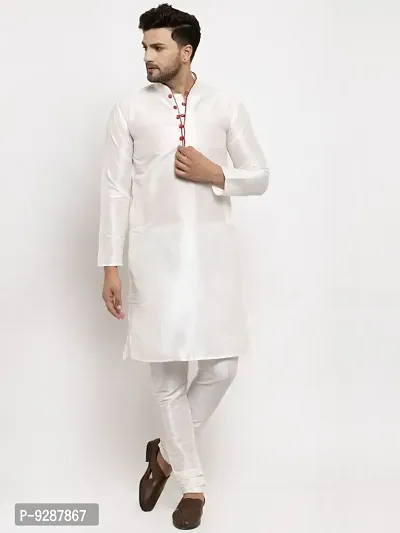 Dupion Silk Regular Fit Kurta Pajama Set for Men (White)