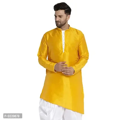 Mens Dupion Regular Fit Knee Length Trail Cut Kurta (Yellow)-thumb0