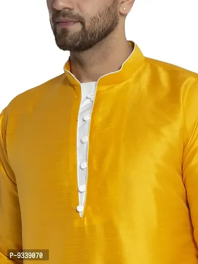 Mens Dupion Regular Fit Knee Length Trail Cut Kurta (Yellow)-thumb3