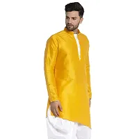 Mens Dupion Regular Fit Knee Length Trail Cut Kurta (Yellow)-thumb3