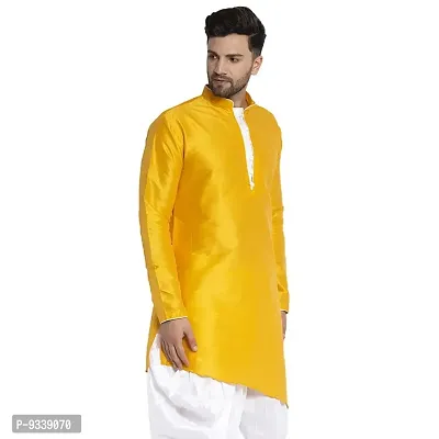 Mens Dupion Regular Fit Knee Length Trail Cut Kurta (Yellow)-thumb4