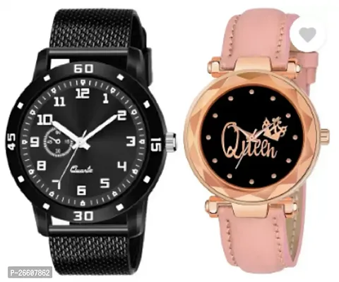 Stylish Black PU Analog Couple Watches For Men And Women, Pack Of 2-thumb0