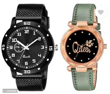 Stylish Black PU Analog Couple Watches For Men And Women, Pack Of 2