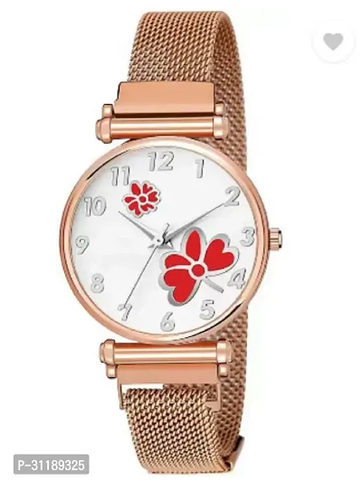 New Stylish White Dial Red Flower Printed With Golden Magnetic Metal Strap Analogue Watch For Girl And Women Analog Watch-thumb0