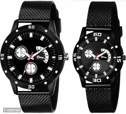 Stylish Black PU Analog Couple Watches For Men And Women, Pack Of 2-thumb0