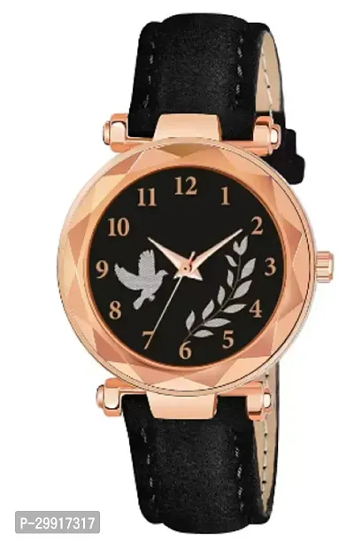 Stylish Black Genuine Leather Analog Watches For Women