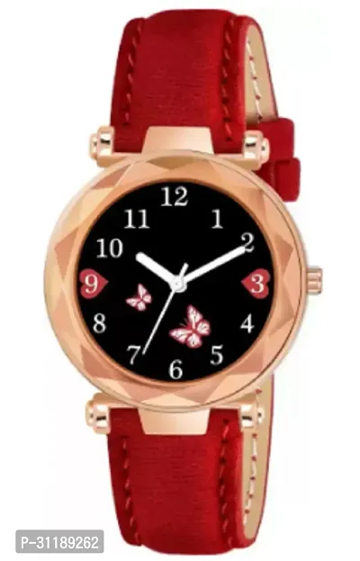 Girls Black Dial Dual Red Butterfly Dial Red Leather Strap Watch-thumb0