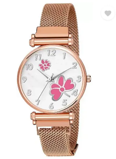 KIARVI GALLERY Clausal Flower Designer Dial Magnetic Metal Strap Analog Watch for Girl's and Women (Rose Flower)