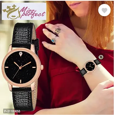 Girls Latest 4 Diamonds Black Leather Analog Watch-thumb0