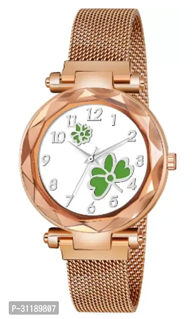 Analog Watch - For Girls New Fashion Green Flower White Dial Rose Gold Case With Rose Gold Magnet Strap For Girl-thumb0