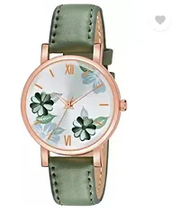 Green Flowered Dial Leather Strap Analog Watch For Girls-thumb2