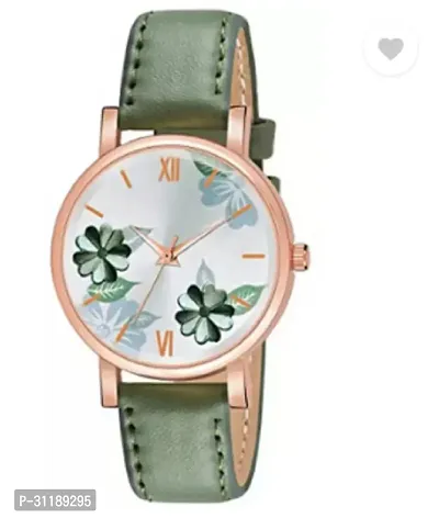 Green Flowered Dial Leather Strap Analog Watch For Girls-thumb3