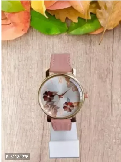 Flower Print Rose Cash Peach Belt Girls Wrist Analog Watch-thumb0