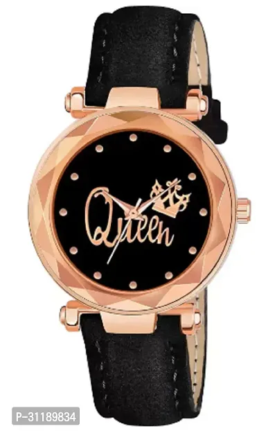 Analog Watch - For Girls Black Queen Dial Black Leather Strap Watch For Girls-thumb0