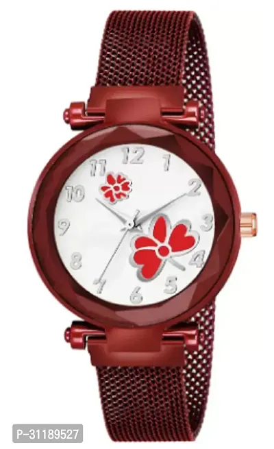 Analog Watch - For Girls New Fashion Red Flower White Dial Silver Case With Silver Magnet Strap For Girl-thumb0