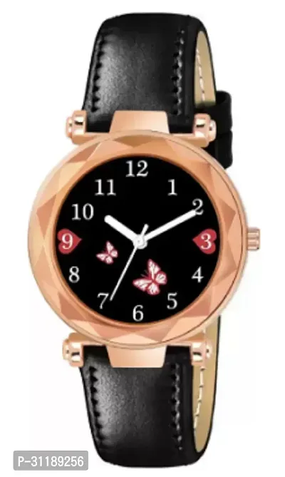 Girls Black Dial Dual Red Butterfly Dial Black Leather Strap Watch-thumb0