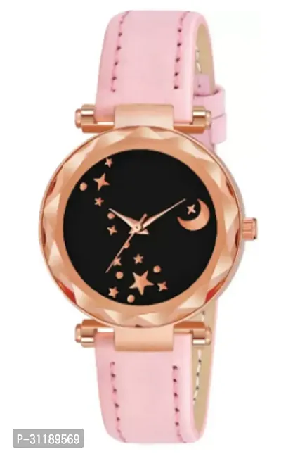 Stylish Moon Dial Leather Strap Analog Watch For Girls And Women-thumb0