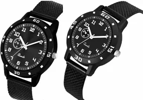 Stylish Black PU Analog Couple Watches For Men And Women, Pack Of 2-thumb1