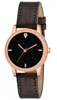 Girls Latest 4 Diamonds Coffee Leather Analog Watch-thumb1