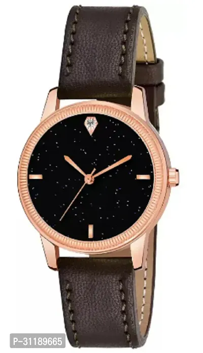 Girls Latest 4 Diamonds Coffee Leather Analog Watch-thumb2