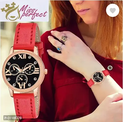 Analog Watch - For Girls Black Dial Red Leather Strap Watch For Girls-thumb0