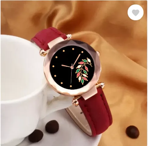 Stylish Leaf Dial Leather Strap Analog Watches for women girls